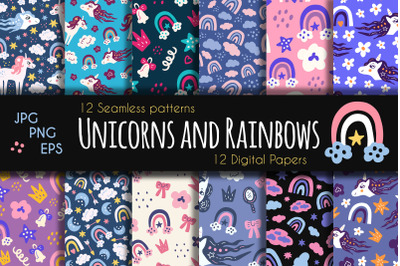 Unicorns and Rainbows cute digital paper seamless pattern