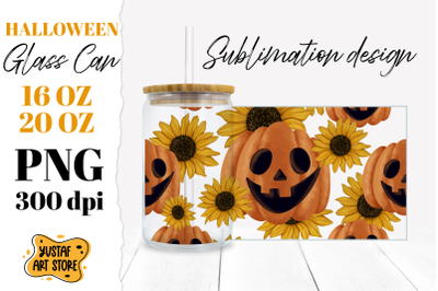 Halloween Glass Can sublimation design. Pumpkin &amp;amp; Sunflowers