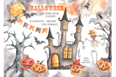 Halloween watercolor clipart. Pumpkins. Scary. Horror Halloween.