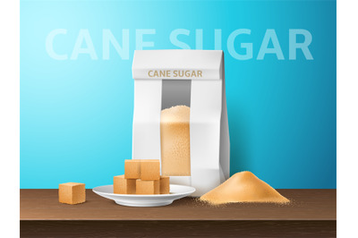 Realistic sugar poster. Cane brown sugar, sweet powder pile, cubes and