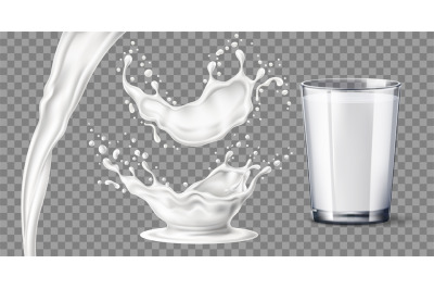 Milk splash glass. Realistic white yoghurt drops, jet and splashes, tr