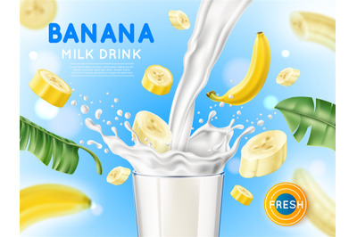 Banana splash poster. Realistic fruit milk advertising banner&2C; yogurt