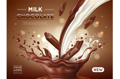 Chocolate poster. Realistic milk and cocoa streams, sweet natural prod