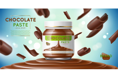 Chocolate product poster. Realistic jar with cocoa butter or paste, fl