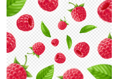 Realistic berries background. Focused and unfocused flying fresh raspb