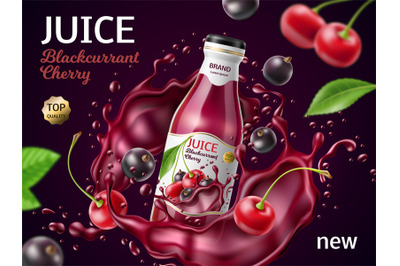 Realistic berries juice poster. Fresh cherry and blackcurrant fruit dr