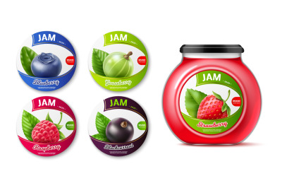 Realistic berry jam labels. Stickers on jars&2C; sweet dessert product&2C; o