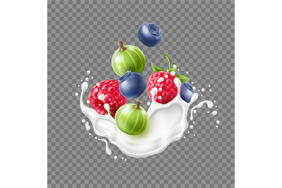 Realistic berry splash. Milk or yogurt splashes, cream with fresh blue