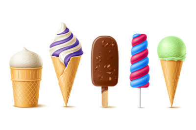 Realistic ice cream. Milk cold desserts, waffle cup and cone, popsicle