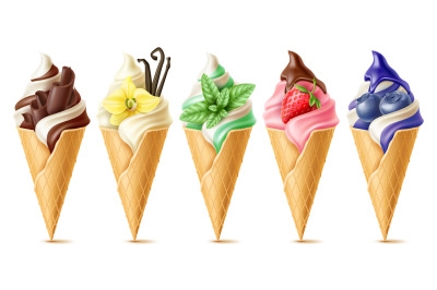 Ice cream toppings. Realistic different types and taste frozen dessert