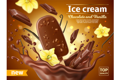 Realistic ice cream poster. Chocolate popsicle with vanilla flavor in