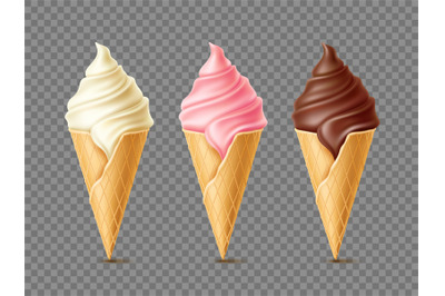 Different flavours ice cream. Waffle cones with frozen dessert, vanill