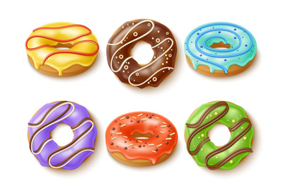 Glazed donuts set. Realistic sweet cakes with different toppings and f