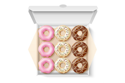 Donuts box. Realistic sweet pastries with different types glazes and s