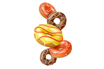 Falling donuts. Realistic sweet color glazed baked goods, flying pastr