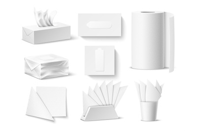 Realistic paper napkins packaging. White tissue paper mockup, differen