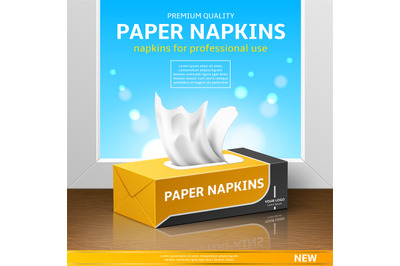 Tissue box poster. Realistic dry kitchen napkins&2C; packaging design&2C; hy