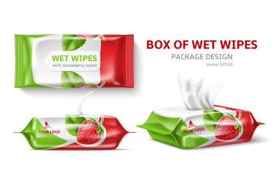 Realistic wet wipes design. Cleansing cosmetic wipes, antibacterial im