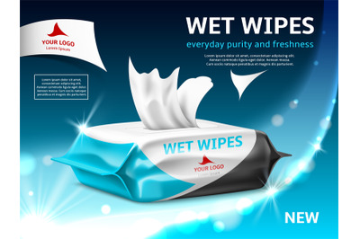 Realistic wet wipes poster. Sanitary antibacterial wipes, family packa