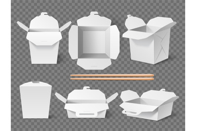 Realistic wok box. White cardboard pasta or noodles container template