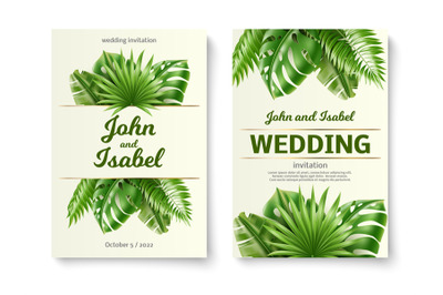 Tropical leaves wedding invitations. Gentle romantic cards with realis