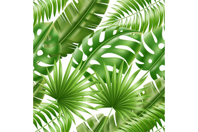 Tropical leaves seamless pattern. Exotic green palm foliage, realistic