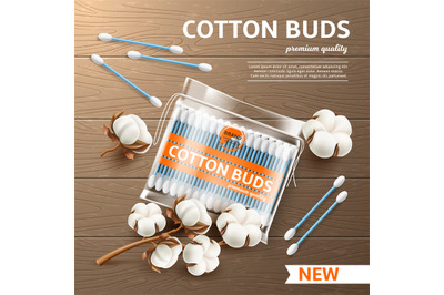 Cosmetic cotton buds poster. Realistic ear swabs pack, cotton inflores