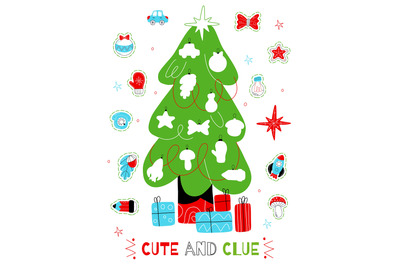 Christmas tree kids game. Childrens education, new year toys stickers,