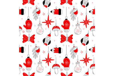 Christmas tree toys seamless pattern. Decorative doodle elements, holi