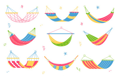 Cartoon hammocks. Colorful summer garden swings, outdoor relax and com