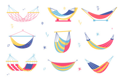 Colorful hammocks. Cartoon doodle devices for rest and sleep, summer r