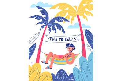 Cartoon hammock poster. Funny resting guy, tropical island, outdoor re