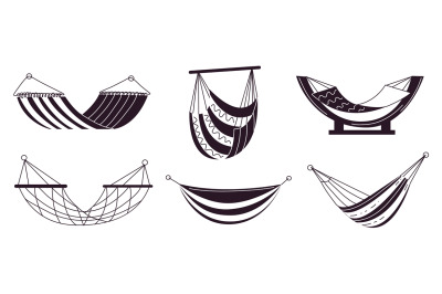 Black hammock icons. Different types relax hanging couches, monochrome