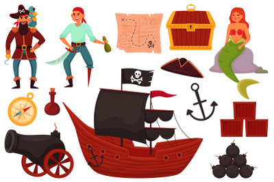 Pirate items. Funny marine team, cute captain hold sword, sailor and m