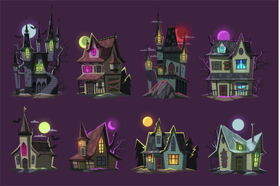 Cartoon horror house set. Scary haunted buildings, ghosted halloween c