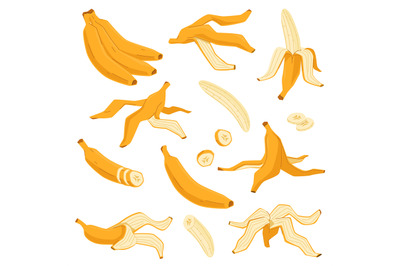 Cartoon banana. Yellow tropical fruit, unpeeled whole and pieces, bunc