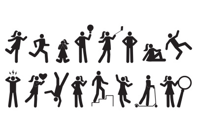 Stickman characters. Black silhouette people, man and woman, different