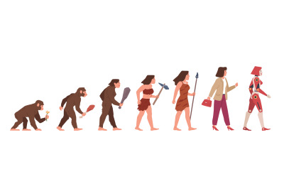 Woman evolution. Female development stages, from monkey to robot, grad