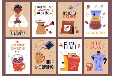 Coffee cards. Breakfast food and hot drinks elements, makers and grind