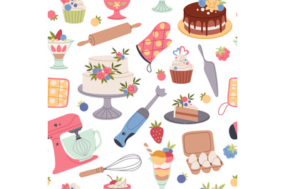 Confectionery seamless pattern. Cartoon desserts and sweet products, k