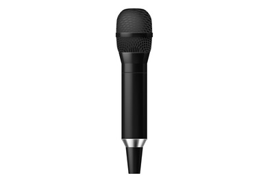 Black microphone. Realistic audio device. Singer tool