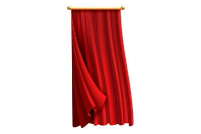 Waving drapes. Realistic hanging red textile curtains