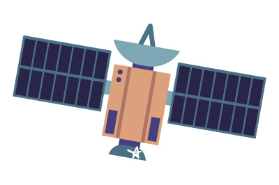 Planet satellite icon with solar batteries and antenna. Cartoon spacec