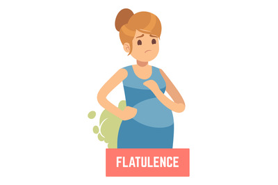 Flatulence symptom. Sad pregnant woman suffer from belly gas