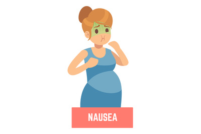 Morning nausea. Pregnancy sign. Woman with green face