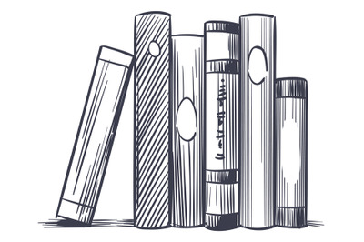 Books standing. Bookstore symbol sketch. Hand drawn bookshelf