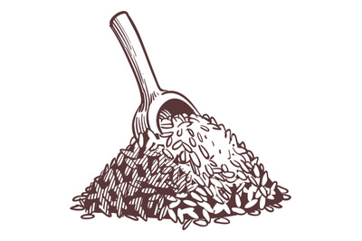 Rice pile with wooden ladle. Grain engraving