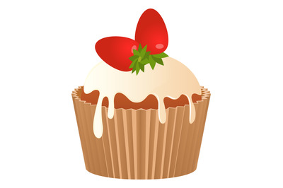 Strawberry cupcake. Cartoon sweet cream pastry icon