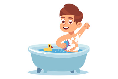 Boy taking bath in bathtub with rubber duck. Kid hygiene