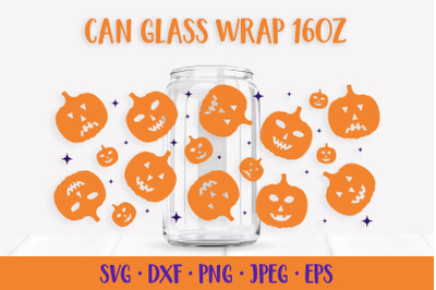 Halloween Can Glass Wrap SVG. Pumpkin Jack-o-Lantern Glass Can